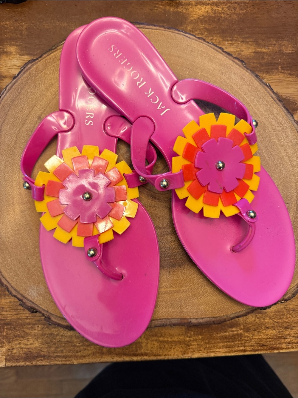 Jack Rogers Hot Pink Jelly Sandals with Yellow and Orange Floral Accent Size 10